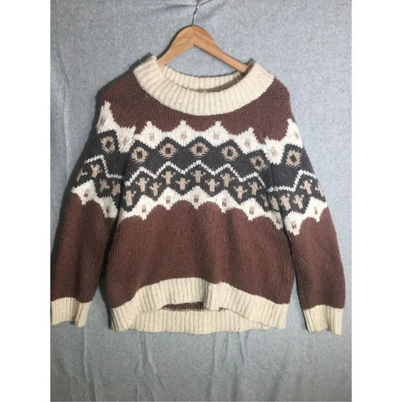 Womens Aerie Wool Blend Sweater Fair Isle Grandma Grandpa Thick Minimalist Earth - Picture 1 of 7